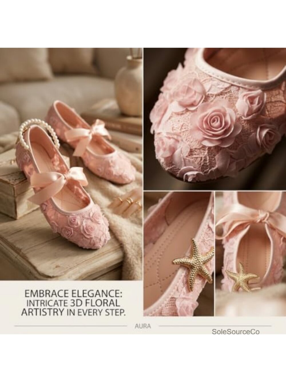 Lace Ballet Flats with 3D Rose Flowers & Ribbon Bowknot, Breathable Mesh Mary - Picture 3 of 6
